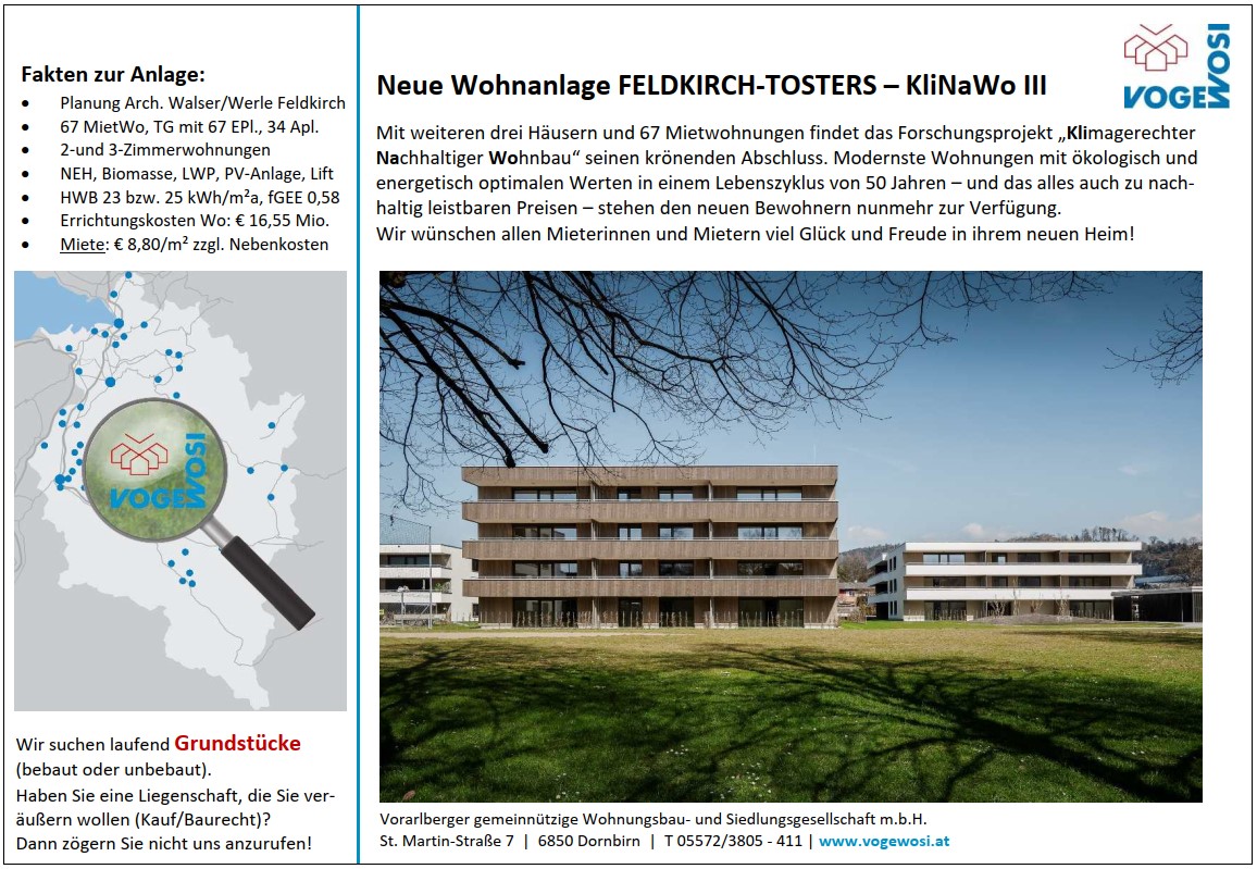 Neue Wohnanlage: Feldkirch-Tosters - KliNaWo III
