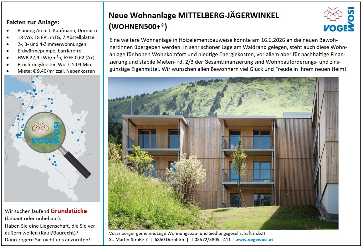 Neue Wohnanlage: MITTELBERG - JÄGERWINKEL (WOHNEN500+)