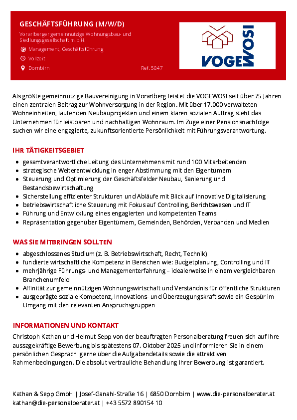 Ausschreibung Geschäftsführung VOGEWOSI