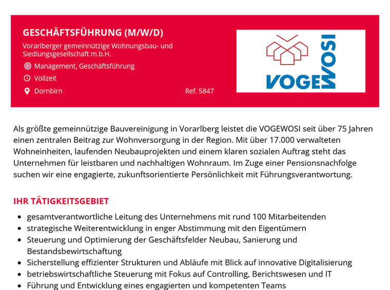 Ausschreibung Geschäftsführung VOGEWOSI  Image